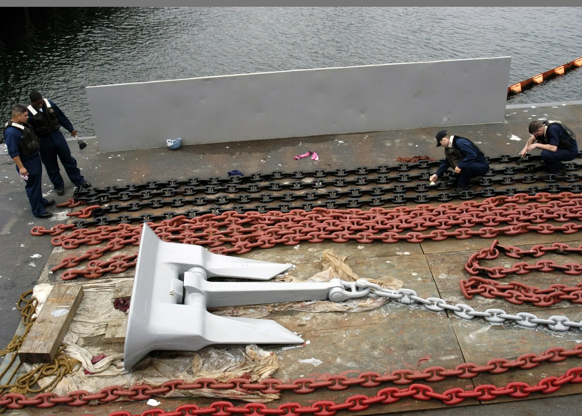 Anchor and chain ranged out for repair and inspection